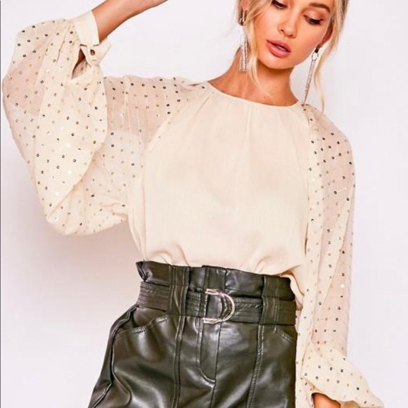 SEQUIN BALLOON SLEEVE CRINKLE CHIFFON BLOUSE - Picture 3 of 5